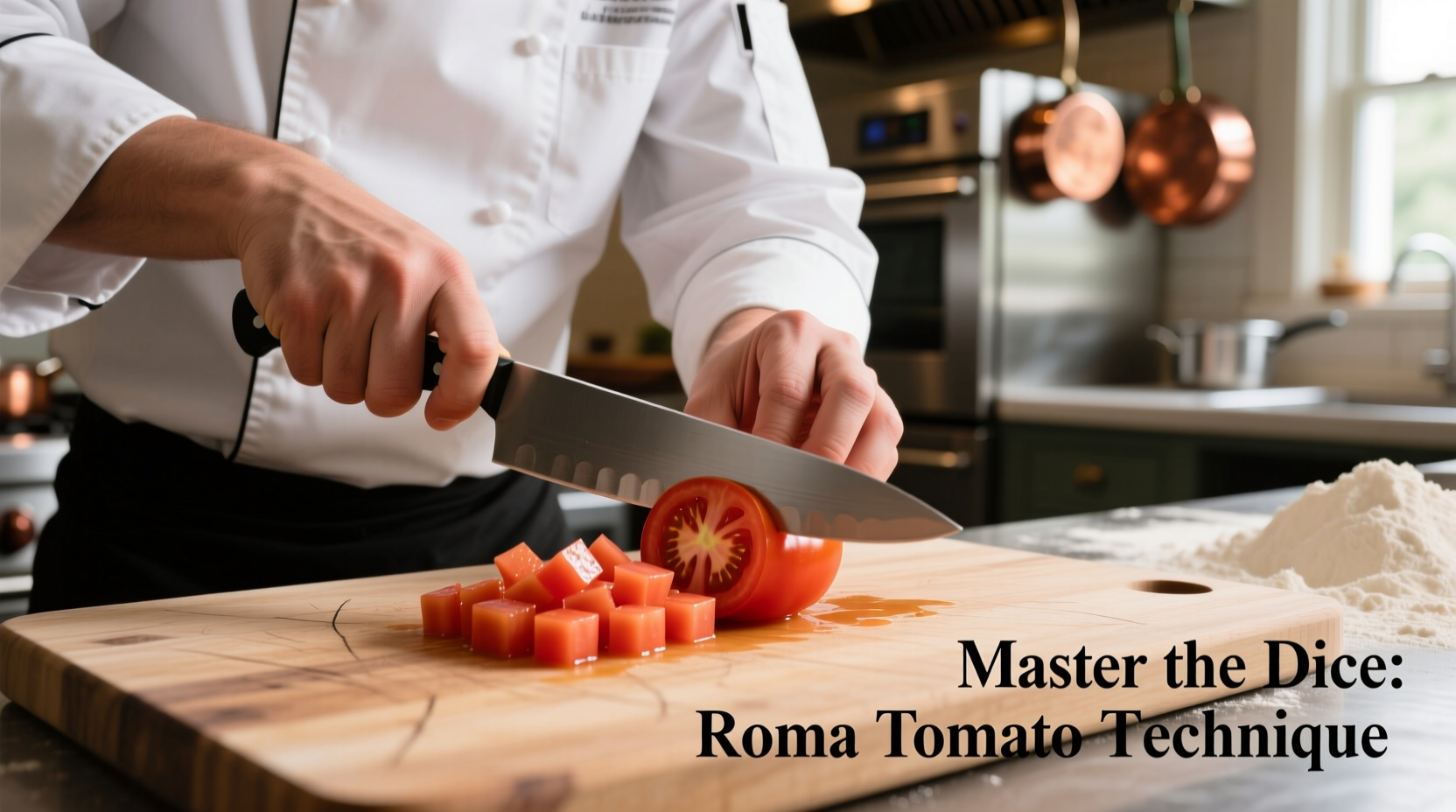 Chef demonstrating proper roma tomato dicing technique