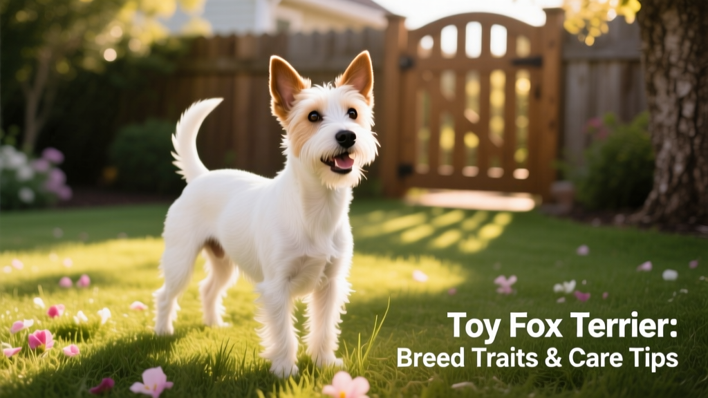 A cheerful Toy Fox Terrier standing alert in a sunlit backyard, ears perked and tail up