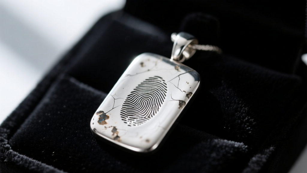 Macro shot of a tarnished sterling silver pendant with a faded laser-engraved fingerprint on a dark velvet jeweler's work mat.