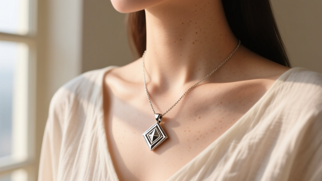 Close-up of an 18-inch titanium pendant necklace resting gently on the collarbone of a woman wearing a soft, breathable cotton top.