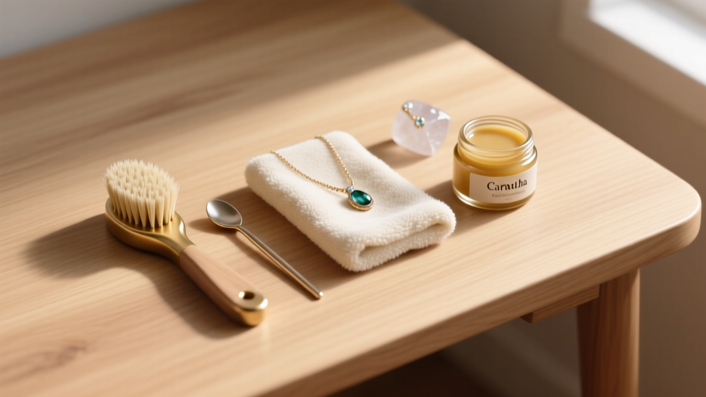 Flat lay of quartz jewelry cleaning tools including soft brass brush, microfiber cloth, and carnauba wax on a light oak wooden desk.