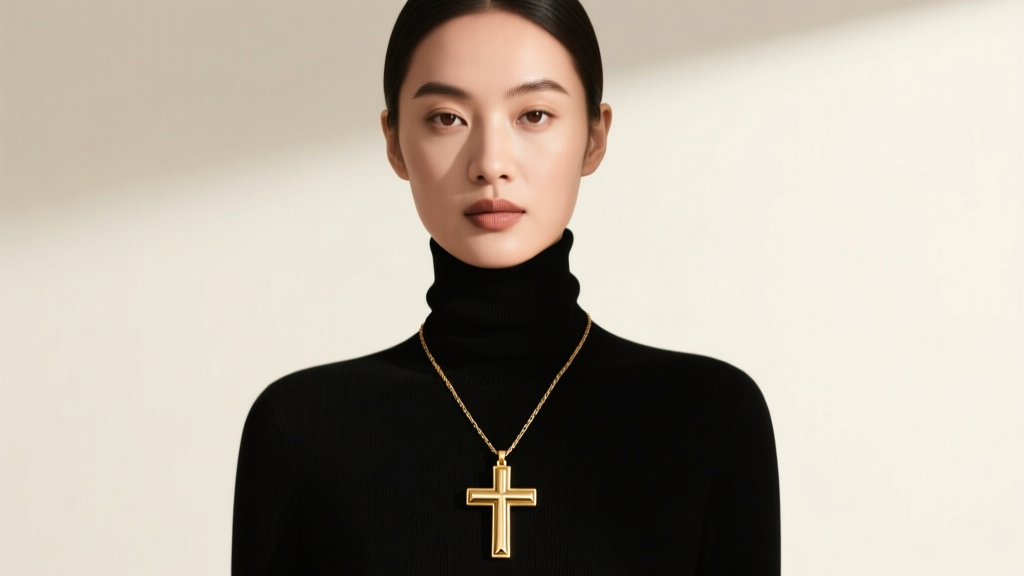 Model wearing a 50mm gold large cross necklace on a black turtleneck, soft studio lighting highlighting the polished metal texture