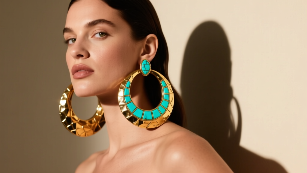 Model wearing oversized 70s-style hammered gold hoops with turquoise inlay under warm, directional studio lighting