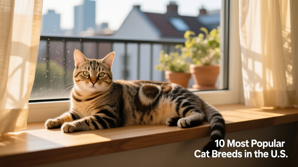 A relaxed Domestic Shorthair cat lounging on a sunlit windowsill, showing off its varied coat pattern