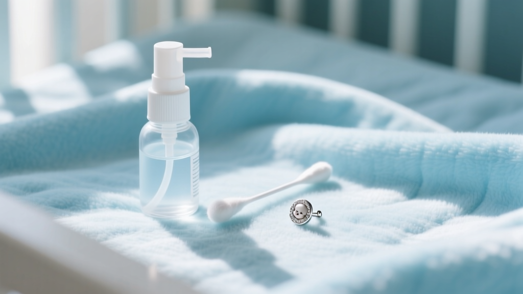 Sterile saline spray bottle next to a clean cotton swab and a tiny infant earring resting on a soft pastel blue nursery blanket.