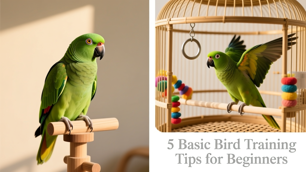 Side-by-side photos showing a relaxed, attentive parrot on a training stand versus the same bird distracted by toys in its cage