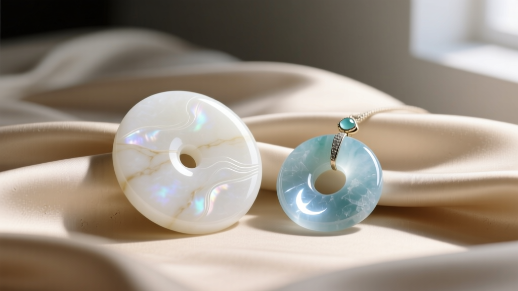 Macro shot of creamy white nephrite pi disc and translucent icy jadeite circle pendant resting side-by-side on folded beige silk.
