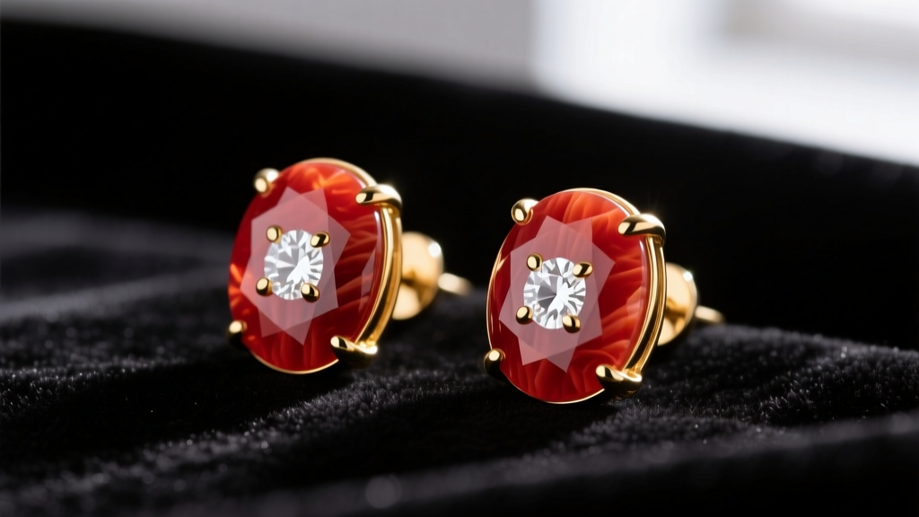 Macro shot of oxblood Aka coral cabochon stud earrings in 18k gold, showing deep red hue and white core against dark velvet.