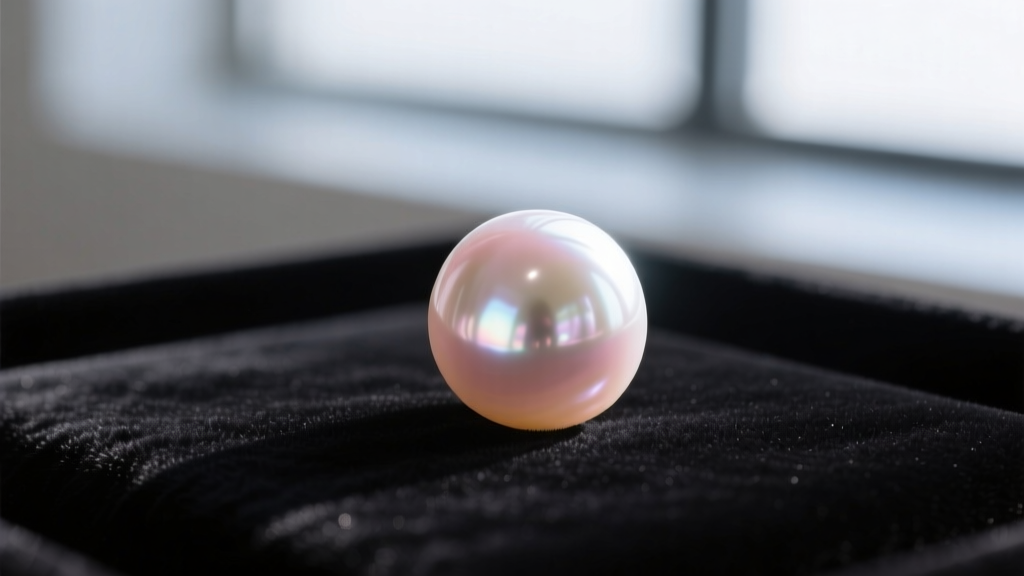 Macro shot of an AAA-grade Akoya pearl showing sharp mirror-like luster and a subtle rosé overtone resting on dark velvet.