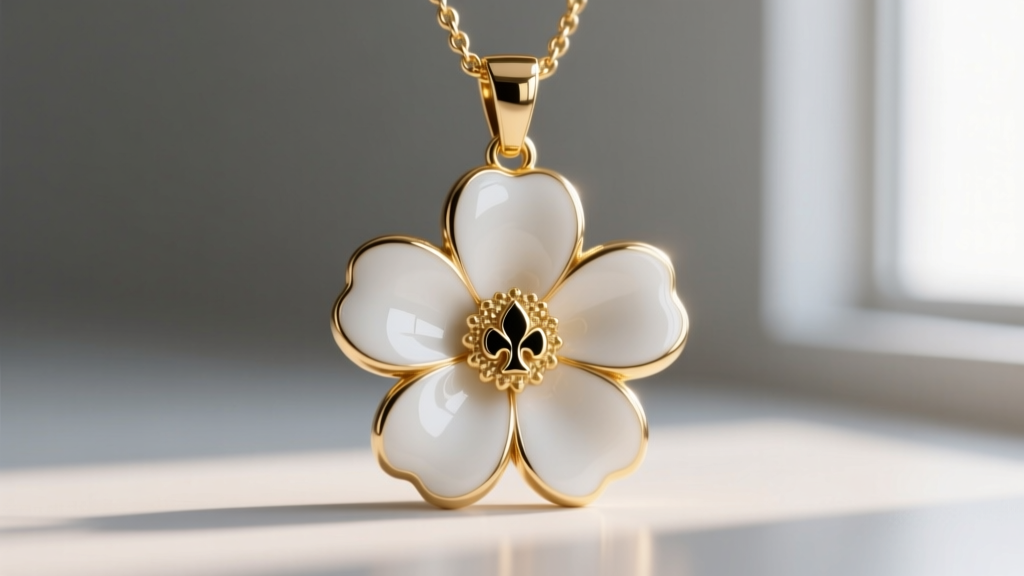 Macro photography of a gold-plated brass flower pendant showing the smooth white epoxy enamel surface and tiny spade logo charm.