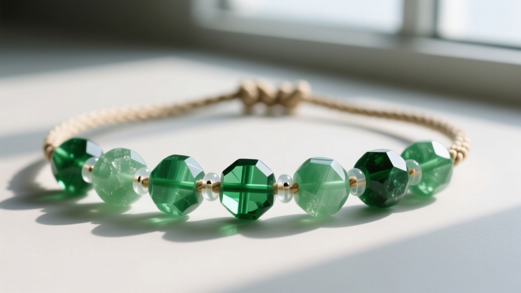 Macro shot of 8mm green fluorite beads on a necklace, showing micro-knotted nylon string and tiny silicone spacers between them.