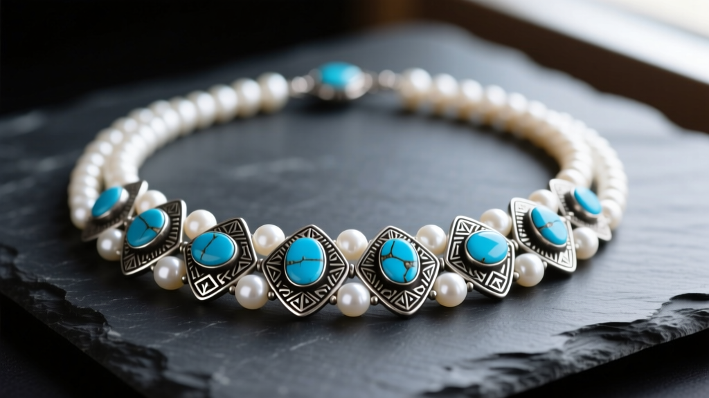 Close-up of a graduated Navajo pearls and turquoise necklace resting on dark slate, highlighting hand-stamped silver and blue stones.