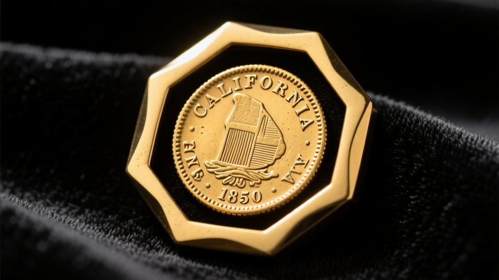 Close-up of an 1850s California fractional gold octagonal coin set in a matte 14k yellow gold bezel on a dark velvet surface