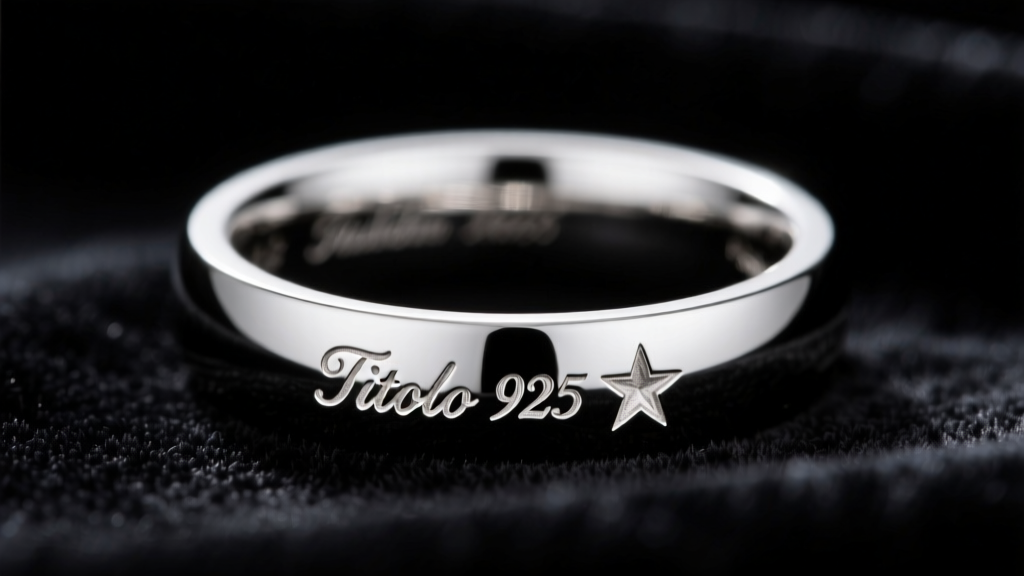 Close-up of a silver ring shank engraved with the Italian Titolo 925 hallmark and a star maker mark against dark velvet