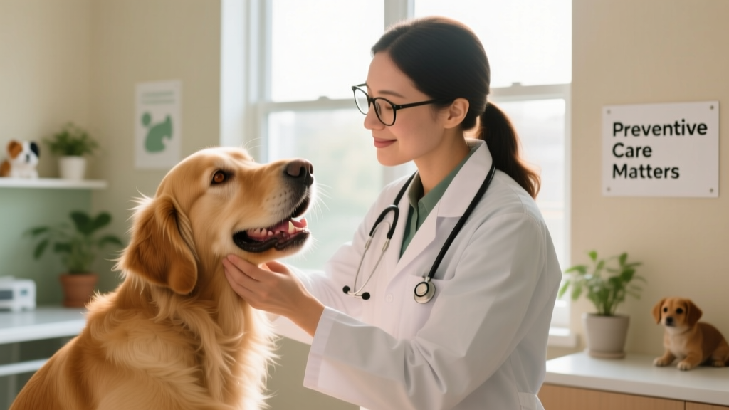 A veterinarian gently examining a dog’s mouth during a wellness check