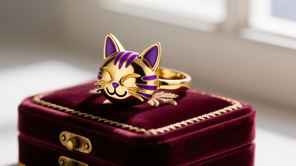 Close-up of a delicate 18-karat gold Cheshire Cat ear cuff with purple enamel stripes, resting on a vintage velvet jewelry box.