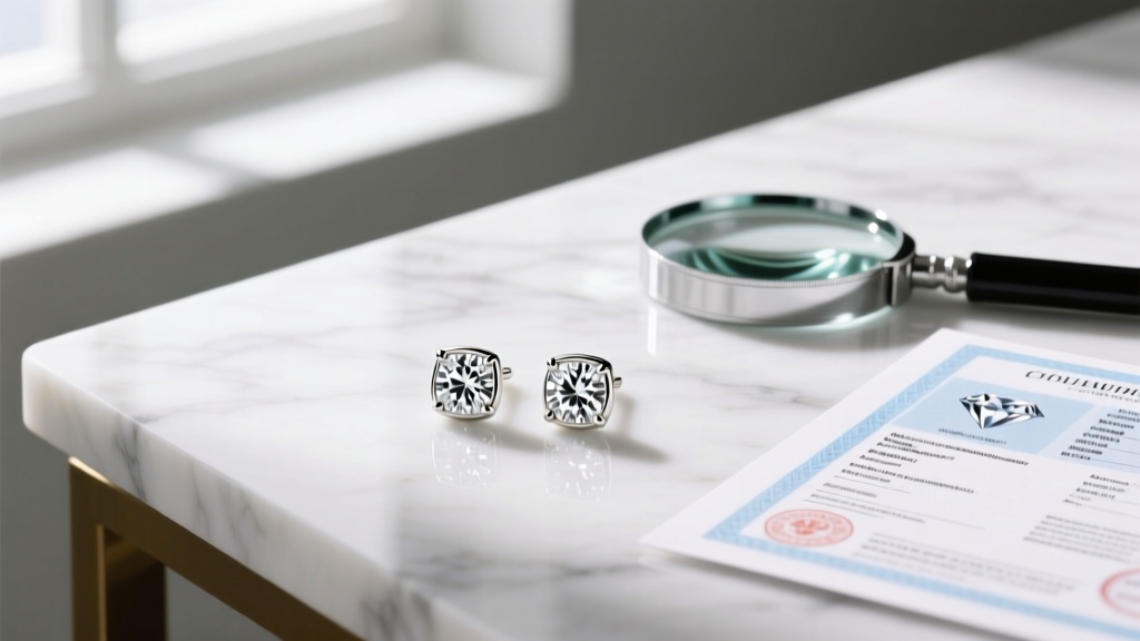 Overhead flat lay of a bezel-set quarter carat diamond earring pair next to a loupe and a grading report on a marble desk.