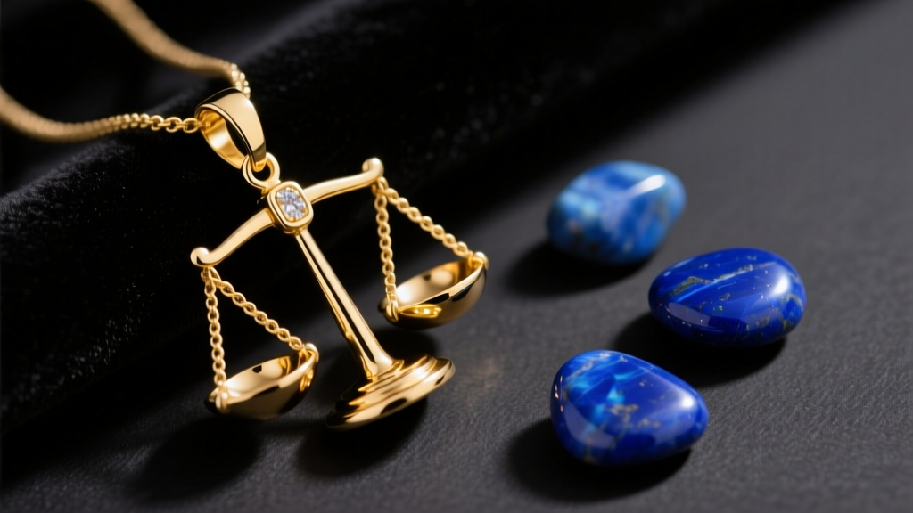 Top-down view of an 18k gold Libra scales pendant on dark velvet next to polished lapis lazuli stones in warm, soft lighting.