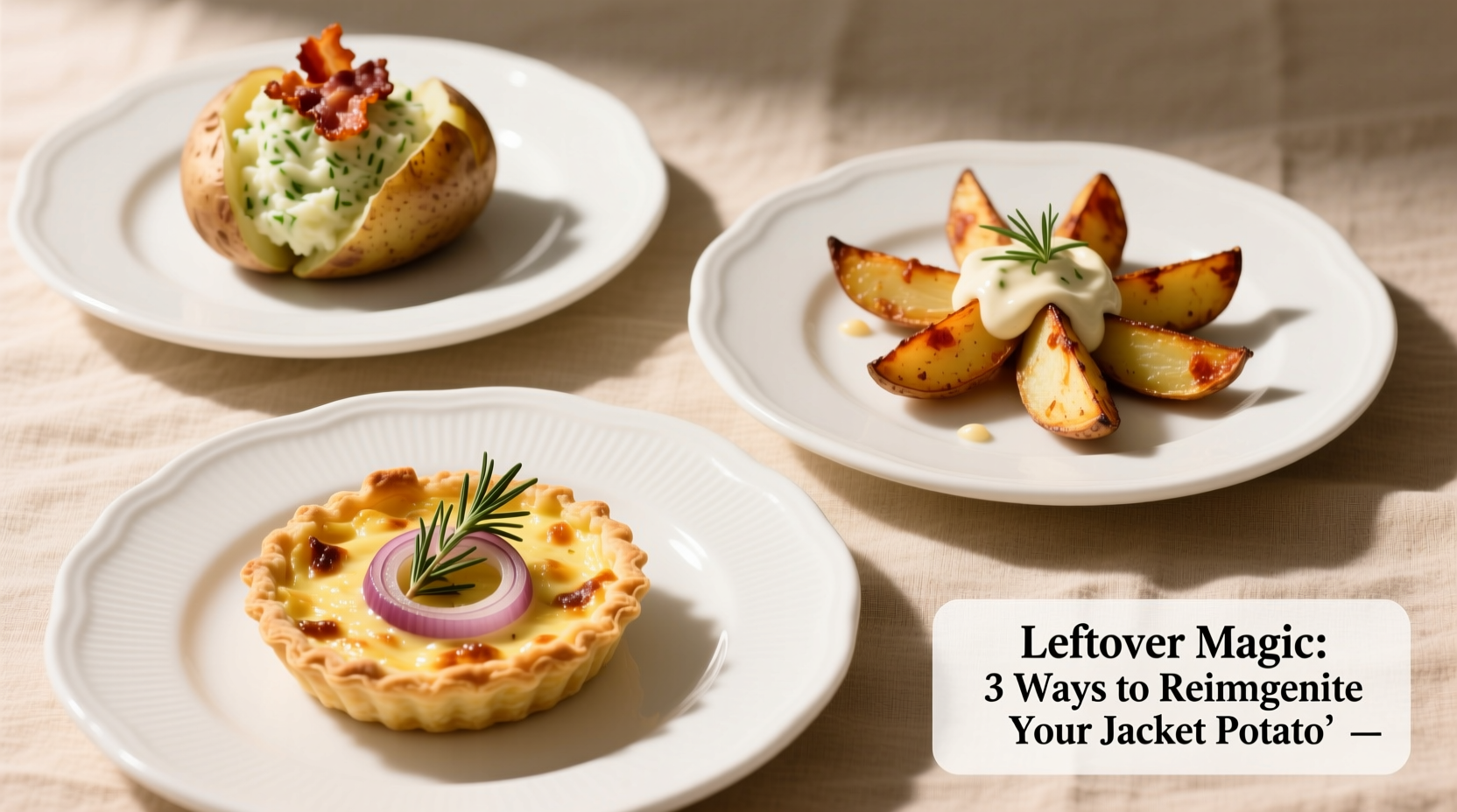 Three creative leftover jacket potato recipes on white plates