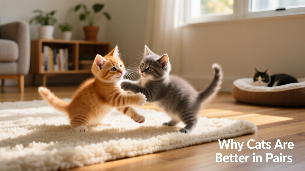 Two playful kittens wrestling gently on a soft rug