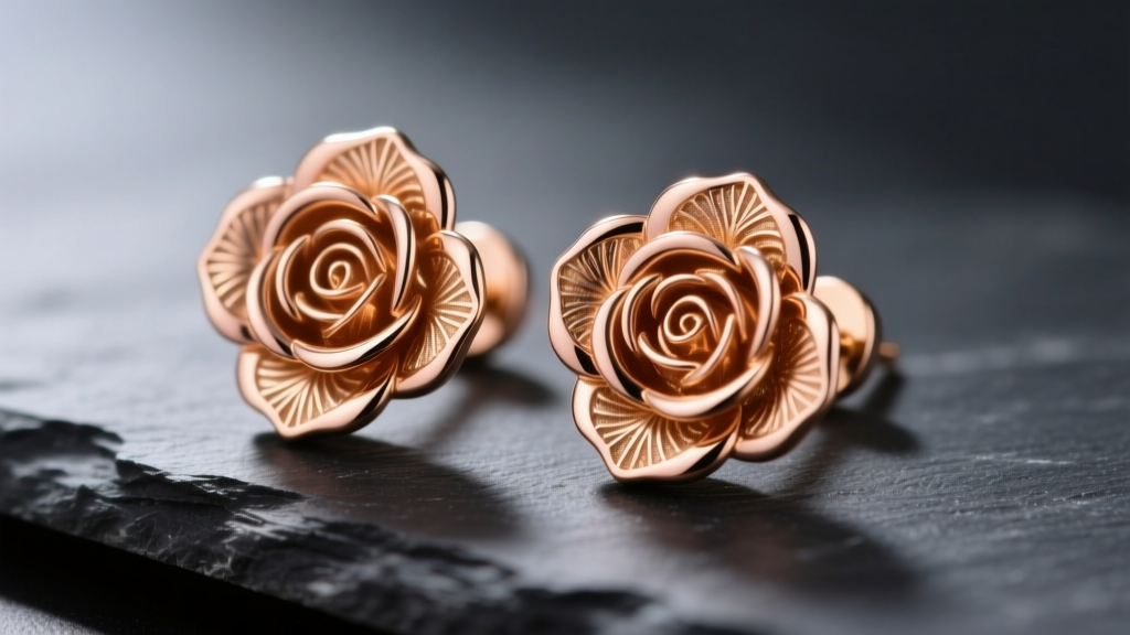 Macro shot of 14k solid rose gold rose stud earrings with intricate petal veining on dark slate under soft directional lighting