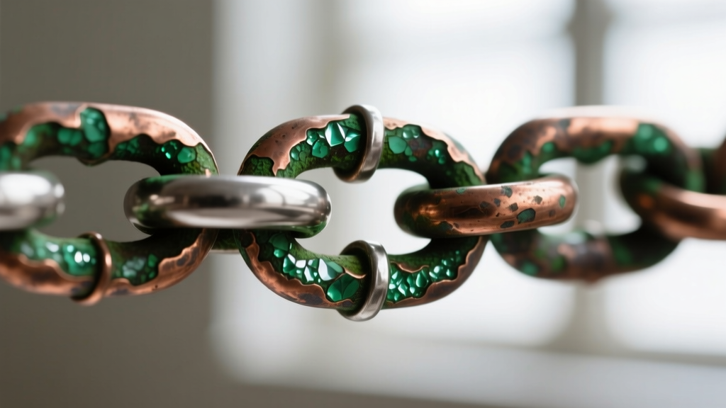 Macro photography of a heavily oxidized copper and silver chain link showing green verdigris buildup near the artisan clasp