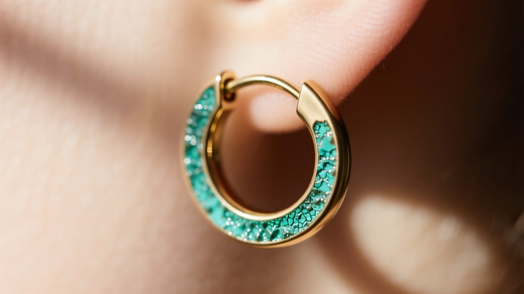Close-up of a 20-gauge brass hoop earring post showing early green copper chloride oxidation against a blurred skin background.