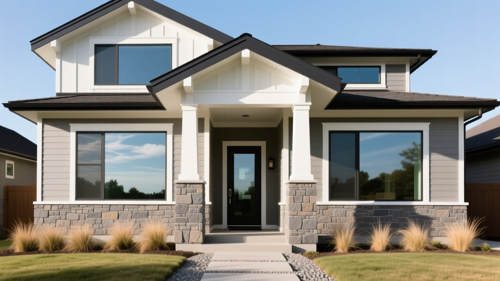Exterior of a modern craftsman home featuring warm gray manufactured stone veneer siding installed around the lower skirt and entryway columns