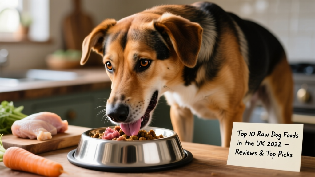 Close-up of a dog happily eating raw food from a stainless steel bowl, with visible muscle definition and shiny coat