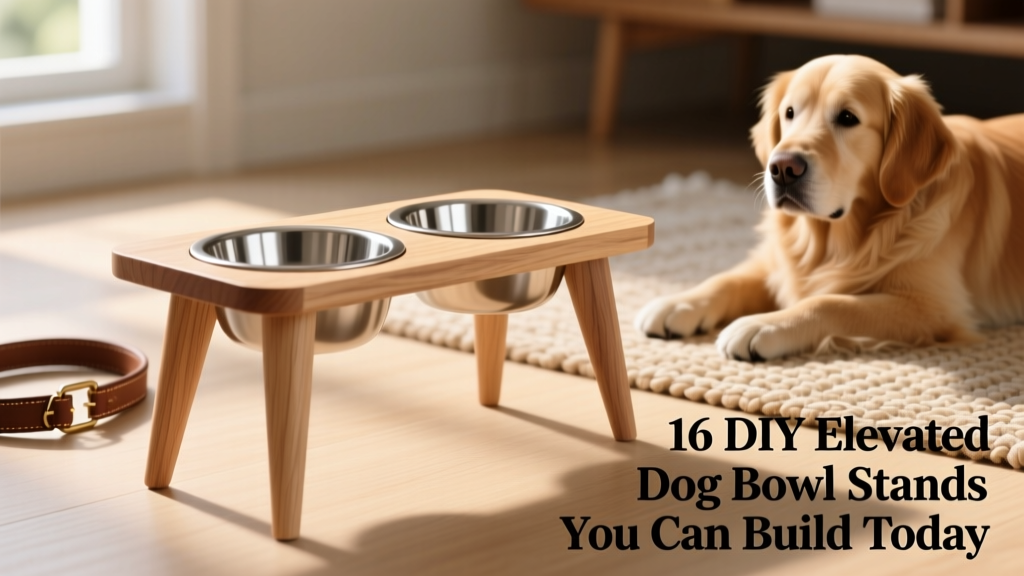 Side view of a sleek, minimalist wooden elevated dog bowl stand with two stainless steel bowls mounted at mid-chest height