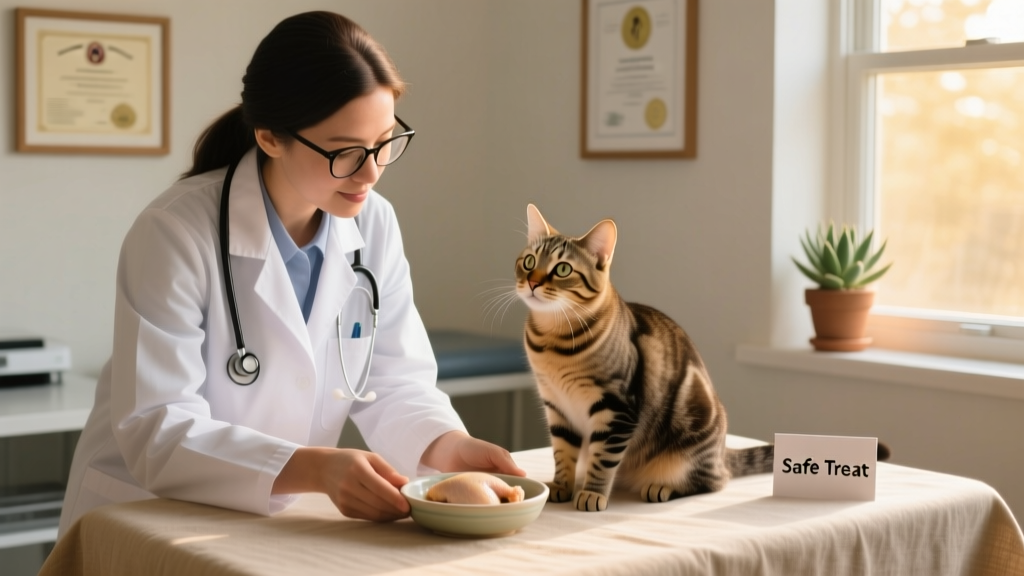 A veterinarian gently examining a cat while holding a small dish of plain cooked chicken as a safe treat alternative