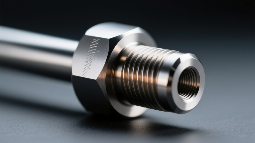 Close-up of an internally threaded titanium barbell post and end showing precise machining against a softly blurred dark backdrop.