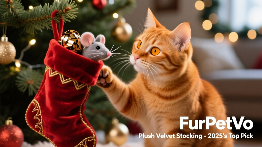 Close-up of a ginger cat gently batting at a FurPetVo Plush Velvet Stocking filled with crinkle balls and a mini felt mouse, set against a softly blurred holiday background