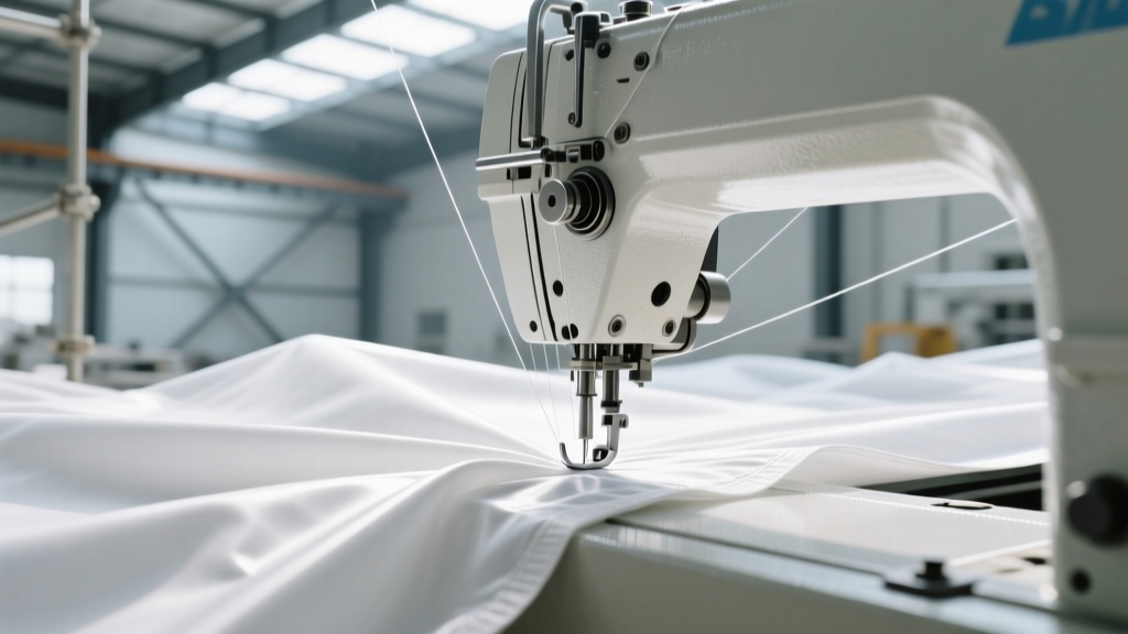 Industrial sewing machine stitching heavy-duty white PVC-coated polyester fabric for an architectural tensile roof structure