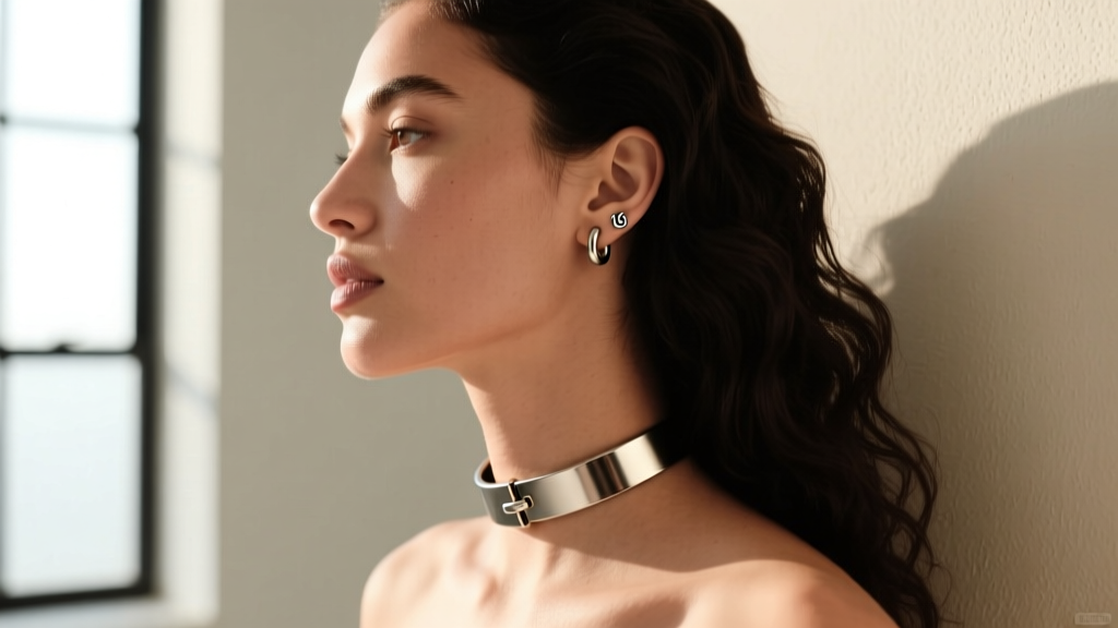 Side profile of a model wearing a 16-gauge steel short choker necklace with a magnetic clasp, illuminated by soft natural daylight.