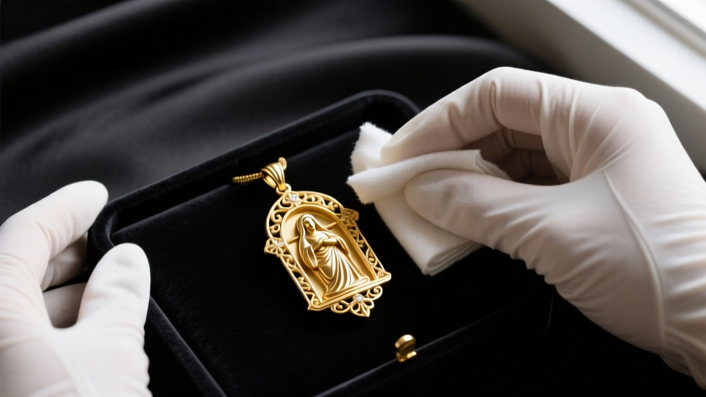 Gloved hands wiping a gold-plated nativity pendant with a microfiber cloth and mild soapy water on a dark jeweler's bench