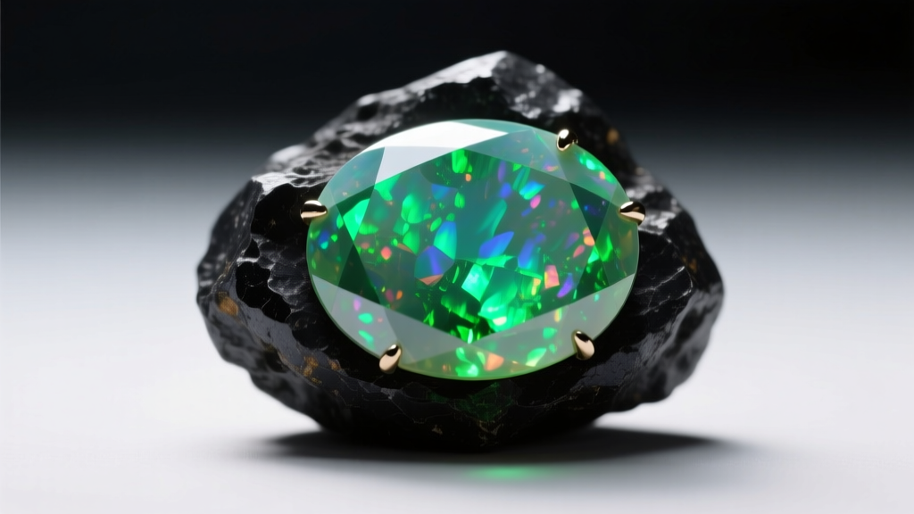 Macro photography of a boulder opal matrix cabochon displaying vibrant green play-of-color against dark ironstone host rock.