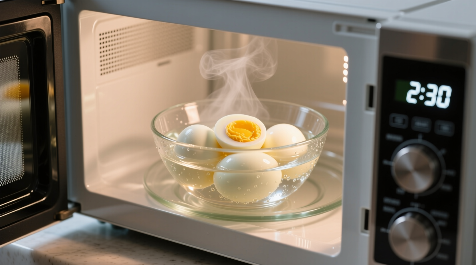 Microwave hard boiled eggs in glass bowl with water