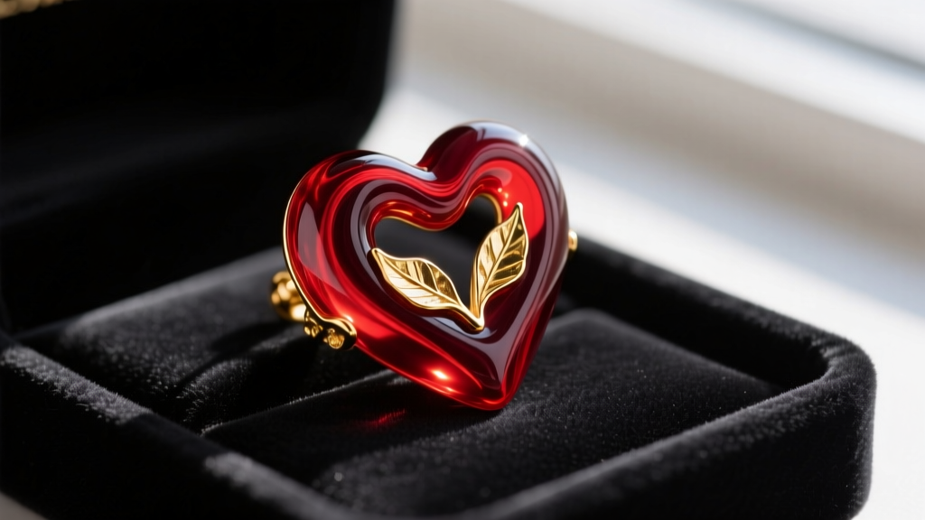 Close-up of vibrant red Murano glass heart earrings with 24k gold leaf inclusions resting on a dark velvet jewelry display tray