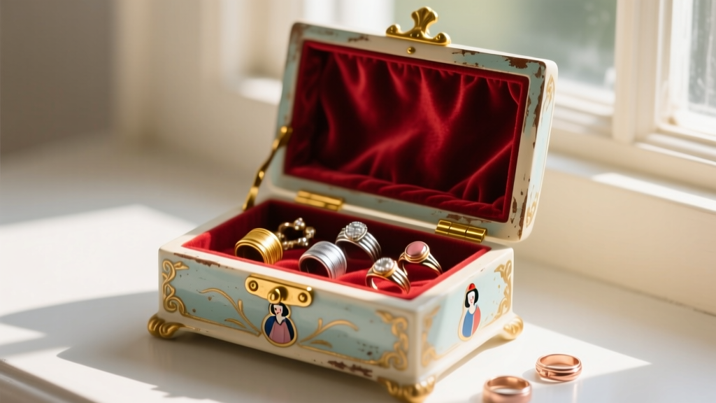 Vintage painted resin Snow White musical jewelry box open to reveal crushed red velvet interior, ring rolls, and gold hinges.