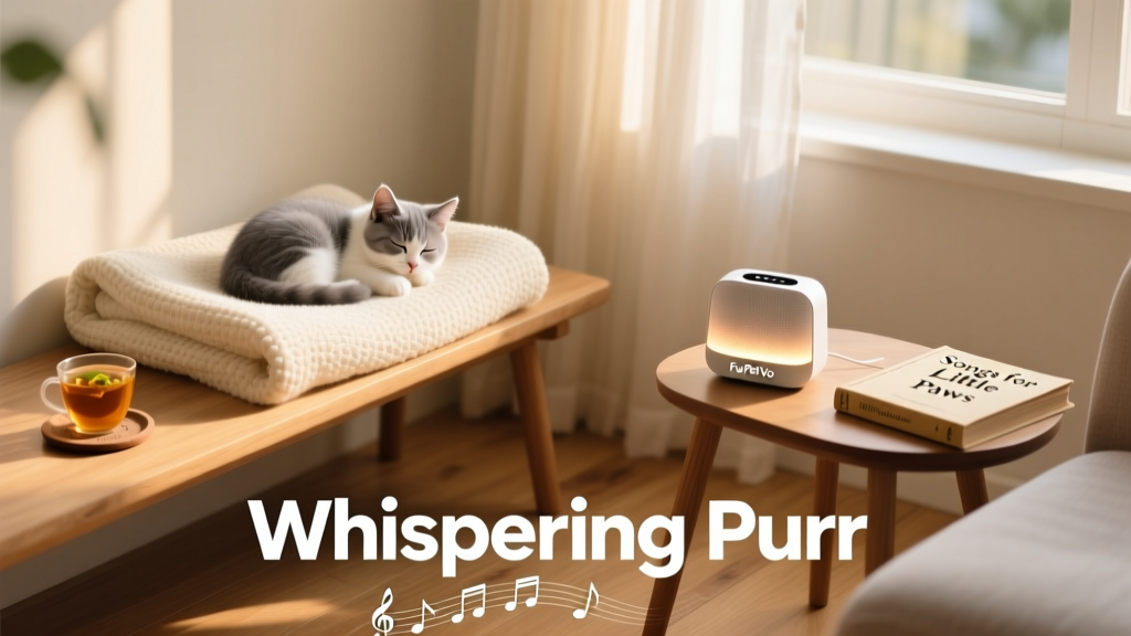 A cozy corner with a soft blanket, a small kitten curled up asleep, and a nearby FurPetVo calming music player