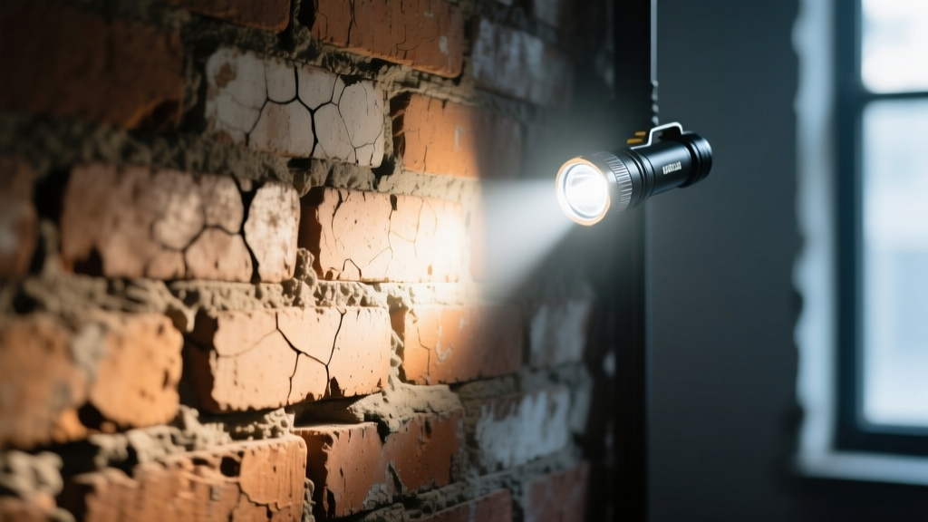 Close-up of a high-CRI 4000K flashlight beam illuminating a textured brick wall, showing accurate color rendering compared to cool white