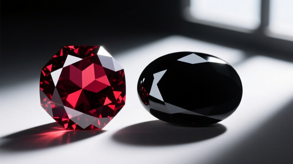 Faceted pyrope garnet and polished black onyx cabochon side-by-side under dramatic directional lighting to show gothic color depth