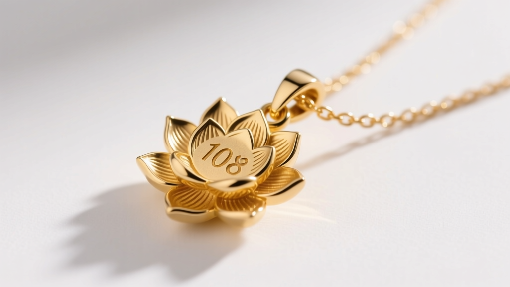 Macro shot of the 18k gold lotus pendant clasp, showing the precise laser-engraved hallmark and delicate 1.2mm chain gauge.