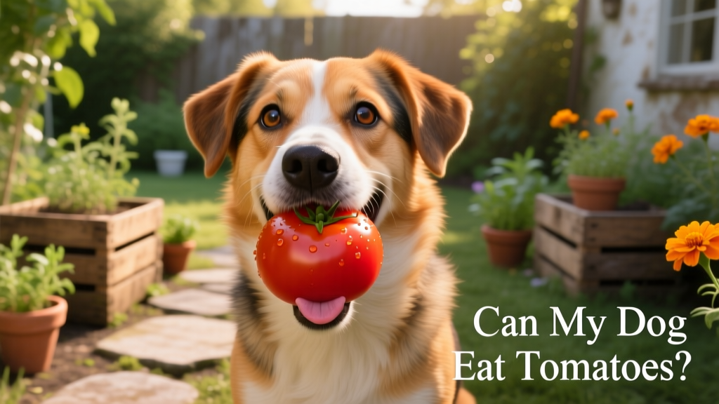A happy dog gently holding a ripe red tomato in its mouth