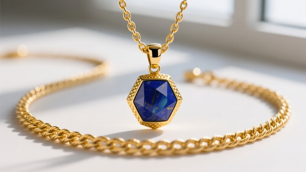 Macro shot of a 14k yellow gold rope chain necklace with a 6mm bail holding a textured lapis lazuli geometric pendant.