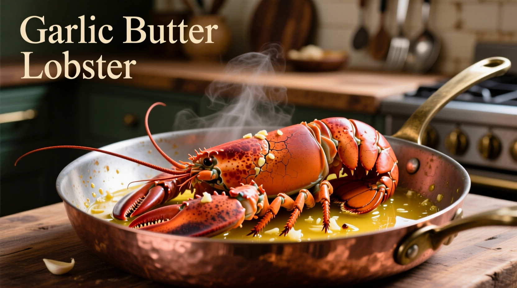 Clarified garlic butter in copper pan with lobster tail