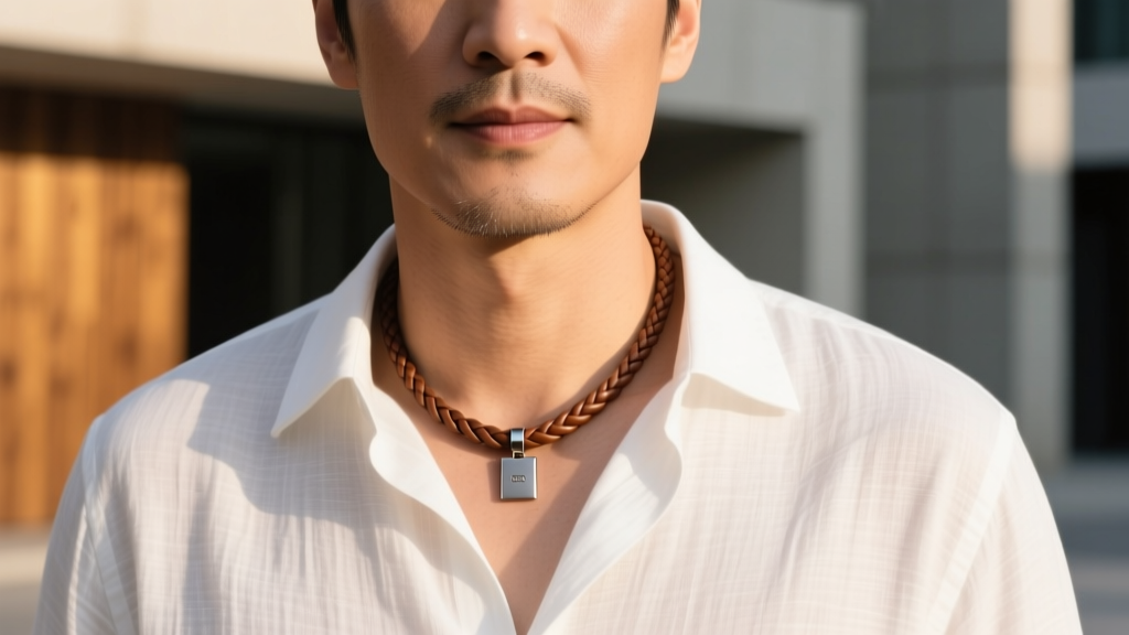 Man wearing a 3mm flat braided leather necklace with a small matte titanium pendant over a crisp white linen shirt in sunlight