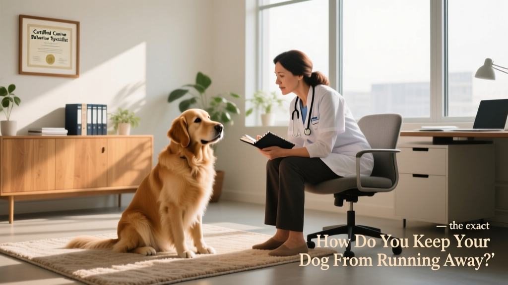 A veterinarian and certified behaviorist consulting with a pet parent and their dog in a calm, sunlit office setting