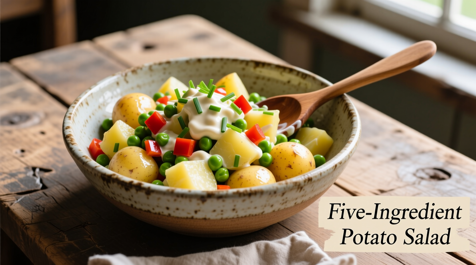 Five-ingredient potato salad in a rustic bowl